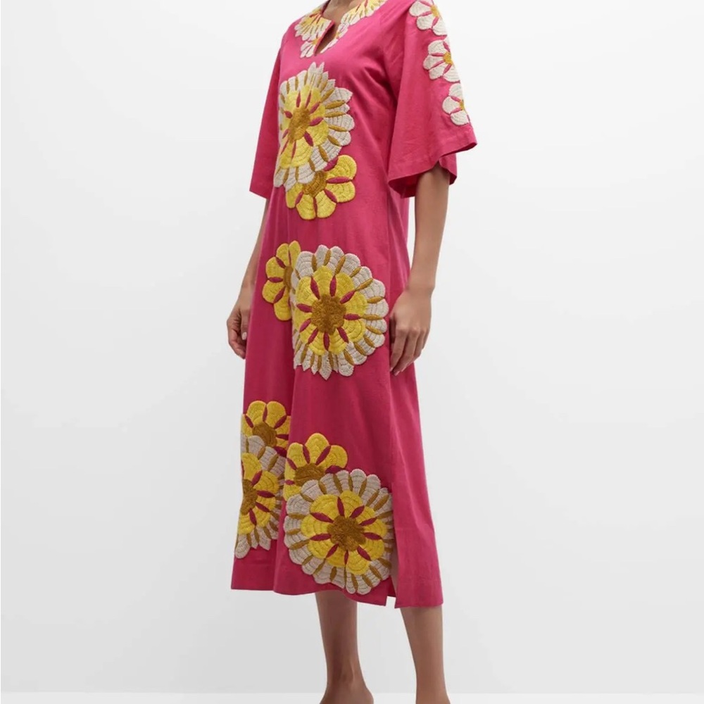 Frances Valentine Pink Midi Dress with Yellow and White Floral Design